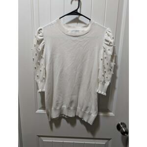 SEDGE Women’s M Ivory White With Pearls Short Sleeve Crew Neck Sweater. Preppy